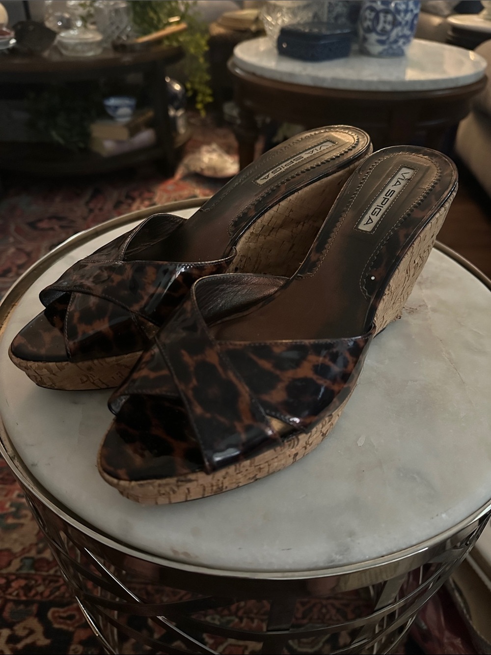 Via Spiga Leopard-Print Patent Cork Wedge Sandals - Brown/Black